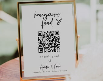 Honeymoon Fund QR Code Sign, Wedding QR Code Sign Printable, Venmo QR Code Modern Wedding Sign, Minimalist Wedding Honeymoon Sign | Sofia