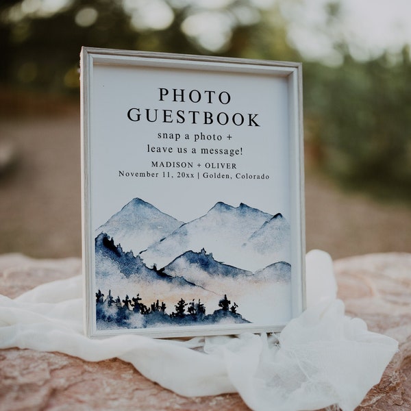 Mountain Photo Guestbook Editable Template, Printable Photo Guestbook Wedding Sign, Mountain Wedding Photo Guest Book, Outdoor Wedding | Ava