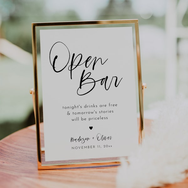Wedding Bar Sign, Printable Open Bar Sign, Minimalist Bar Sign, Wedding Sign Template,  Instant Download Template, Open Bar Sign | Harper