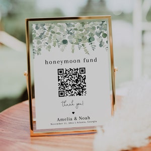 Honeymoon Fund QR Code Sign, Wedding QR Code Sign Printable, Venmo QR Code Modern Wedding Sign, Minimalist Wedding Honeymoon Sign | Ashton