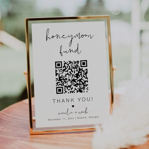 Honeymoon Fund QR Code Sign, Wedding QR Code Sign Printable, Venmo QR Code Modern Wedding Sign, Minimalist Wedding Honeymoon Sign | Emma