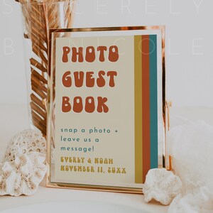 Retro Photo Guestbook Editable Template, Printable Photo Guestbook Wedding Sign, Retro Groovy Photo Guest Book Wedding Guest Book | Stacy