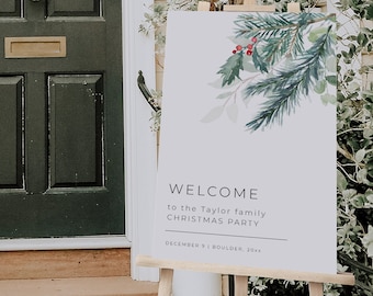 May include: A white welcome sign with a watercolor illustration of a pine branch with red berries. The sign reads "Welcome to the Taylor family Christmas Party December 9 | Boulder, 20xx".