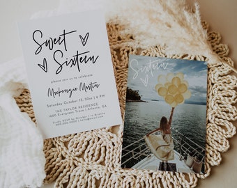 Sweet 16 Invitation, Modern Sixteenth Birthday Invitation Template, Minimal Sweet Sixteen Invite, Photo Birthday Invitation Template | Sofia