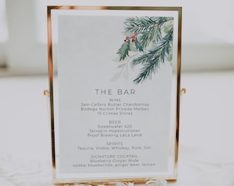 Christmas Wedding Bar Menu Sign Template, Printable Editable Holiday Wedding Bar Menu Template, Winter Wedding Bar Menu, December | Eira