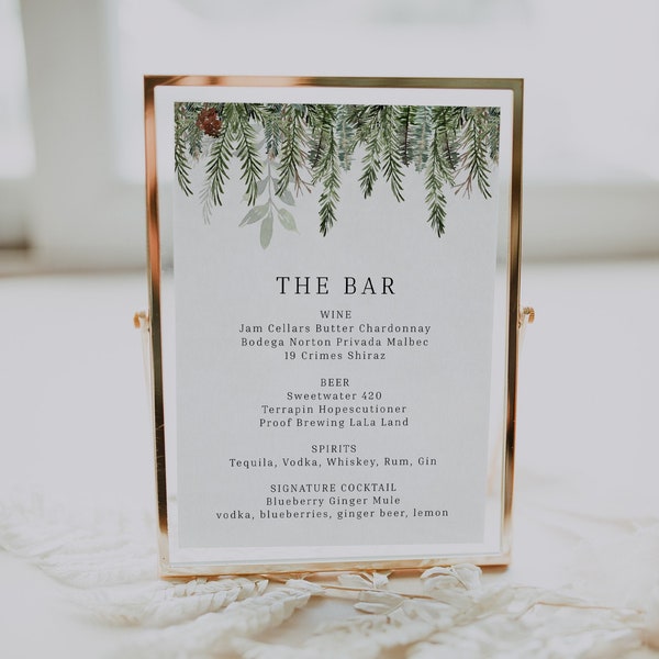 Christmas Wedding Bar Menu Sign Template, Printable Editable Holiday Wedding Bar Menu Template, Winter Wedding Bar Menu, Bar DIY | Evergreen