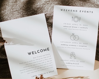 May include: Two white cards with black text announcing a wedding weekend. The first card says "Welcome" and includes a message to guests. The second card lists the weekend events: rehearsal dinner and cocktails, wedding ceremony and reception, and wedding brunch.