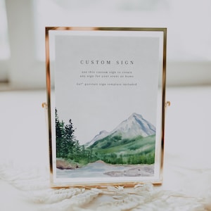 Mountain Custom Sign Template, 5x7 Watercolor Mountain Sign Template, Pine Sign Template, Editable Printable Outdoor Wedding Signage DIY
