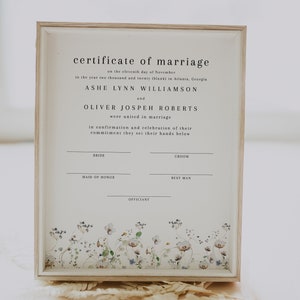 Wildflower Certificate Of Marriage, Floral Wedding Keepsake, Bohemian Wildflower Certificate Of Marriage, Boho Floral Keepsake | Ashe