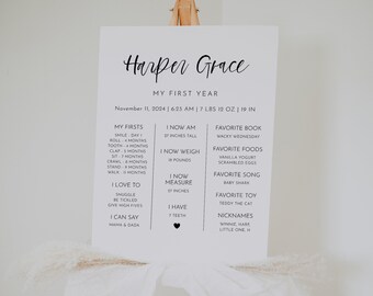 Modern Minimal Baby Milestone Board, Editable Printable First Birthday Milestone Board Template, Black And White Milestone Sign | Harper