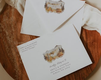 Fall Mountain Envelope Template, Editable Printable Autumn Outdoor Wedding Envelope, DIY Mountain Wedding Envelopes, Autumn Wedding | Sawyer