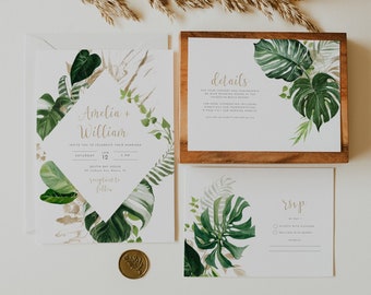 Tropical Wedding Invitation Template Suite, Tropical Wedding Invitation Set Template, Tropical Greenery Wedding Invite, Palm Leaf | Luana