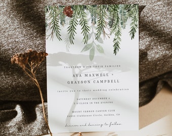 Holiday Wedding Invitation, Christmas Wedding Invitation, Winter Wedding Invitation, Greenery Invitations, Pine Wedding Invite | Evergreen