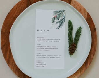 Christmas Dinner Menu, Holiday Dinner Party Menu, Winter Wedding Menu Template, Printable Christmas Dinner Menu, Greenery Menus, DIY | Eira