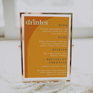 Retro 70s Bar Menu Sign, Wedding Bar Menu Sign Printable, 8x10" Retro Bar Menu Wedding Sign, Wedding Drink Menu Sign Template, DIY | Stevie