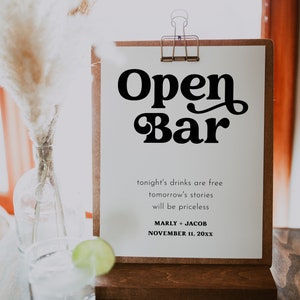 Printable Open Bar Sign, Modern Minimalist Wedding Bar Sign, Funny Open Bar Sign, Modern Minimalist Wedding Template, Open Bar  | Charli