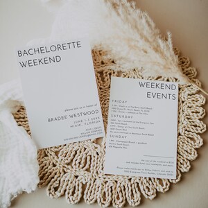 Minimalist bachelorette weekend invitation and event itinerary card set on a textured background with dried floral accents. The invitation features a simple design, perfect for a modern celebration.