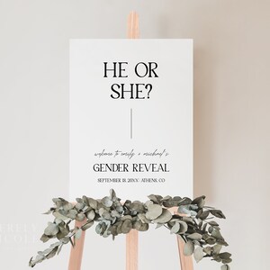 Gender Reveal Sign Template, He Or She Gender Reveal Party Welcome Sign, Simple Minimalist Gender Reveal Welcome He or She | Aspen