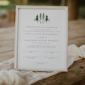 Mountain Marriage Certificate Template, Printable Pine Marriage Certificate Template, Outdoor Woodland Wedding Keepsake, Pine Wedding BRYNN
