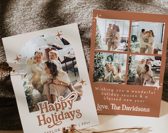 May include: A holiday card with a photo of a family with a dog. The card is decorated with a festive, brown and white color scheme and the text "Happy Holidays" in a retro font. The card also includes the text "The Taylor Family | 20xx" and "Wishing you a wonderful holiday season & a blessed new year. Love, The Davidsons."