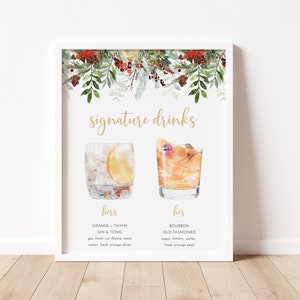 Christmas Wedding Signature Drinks, Cocktail Menu, Wedding Bar Menu, Editable Signature Cocktails Template, Signature Drinks Sign | Holly
