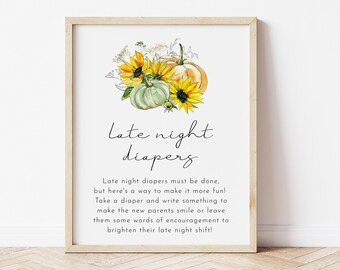 Fall Baby Shower Games, Pumpkin Late Night Diapers Sign, Sunflower Pumpkin Baby Shower Template, Printable Fall Baby Shower Games | Autumn