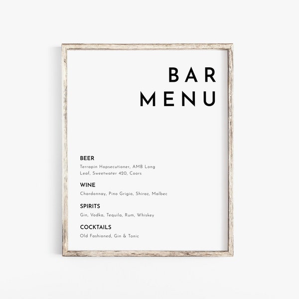 Minimalist Bar Menu Sign Template, Wedding Bar Menu Sign, Modern Wedding Bar Menu Template, Printable Bar Menu, Modern Drinks Sign | Amelie