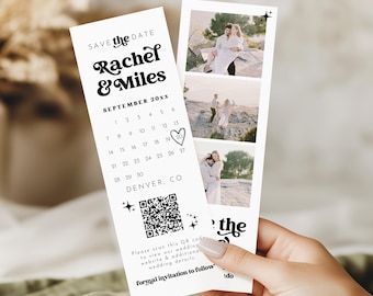 Photo Strip Save the Date, Photo Booth Save the Date, Photo Strip Canva Save the Date Template, Photo Strip Save The Date QR Code | Charli