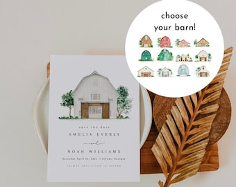 May include: Save the date card featuring a watercolour illustration of a white barn with brown doors and green trees. The text reads "Save the date Amelia Everly and Noah Williams Saturday April 11, 20xx | Athens, Georgia formal invitation to follow" and "Sincerely by Nicole Designs for every lifestyle".
