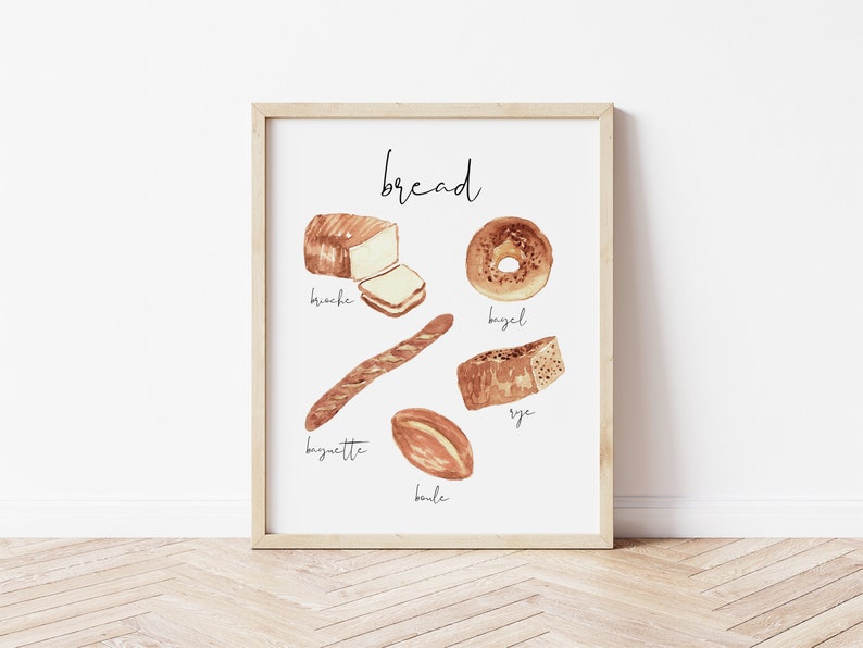 Utskrivbar köksväggkonst, brödillustrationstryck, köksväggkonst, väggtryck, matälskarepresent, direktnedladdning av kök, digital konst med bröd bild 3