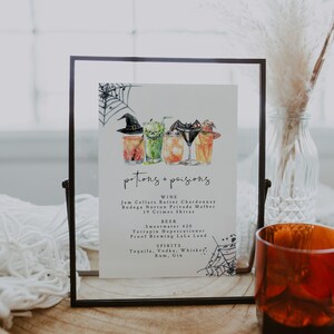 legant Halloween drinks bar sign with fun illustrations of spooky cocktails. The drinks list features wine, beer, and spirits, framed by seasonal elements like cobwebs, ideal for a Halloween event.