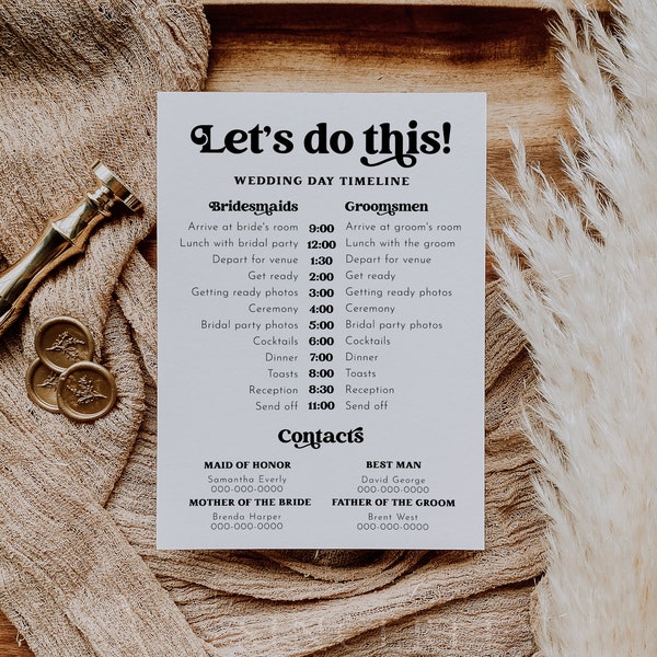 Wedding Day Details Template, Minimalist Wedding Order of Events, Wedding Day Schedule, Wedding Events Timeline Printable | Charli