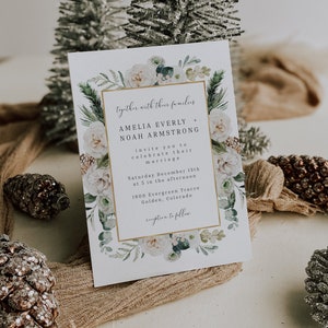 Winter Floral Wedding Invitation Suite, Editable Printable Holiday Wedding Template, Christmas Wedding Invite, Holiday Wedding Suite Belle image 3