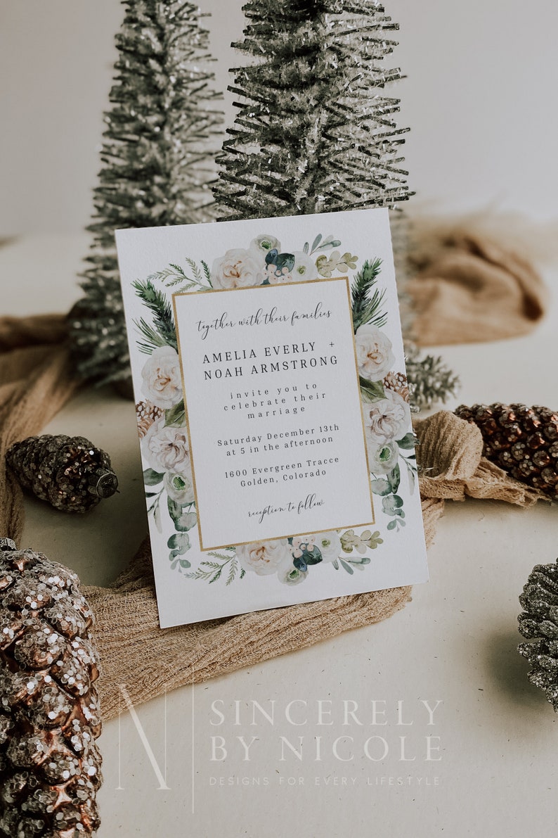 Winter Floral Wedding Invitation Suite, Editable Printable Holiday Wedding Template, Christmas Wedding Invite, Holiday Wedding Suite Belle image 3