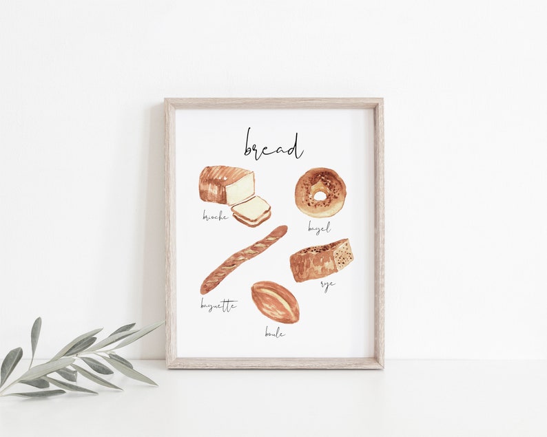 Utskrivbar köksväggkonst, brödillustrationstryck, köksväggkonst, väggtryck, matälskarepresent, direktnedladdning av kök, digital konst med bröd bild 2