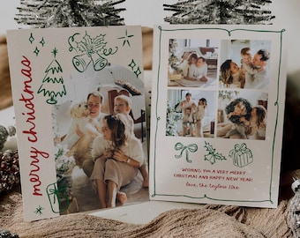 May include: A Christmas card with a photo of a family of four, a dog, and a handwritten message that says "Wishing you a very merry Christmas and Happy New Year! Love, the Taylors 20".