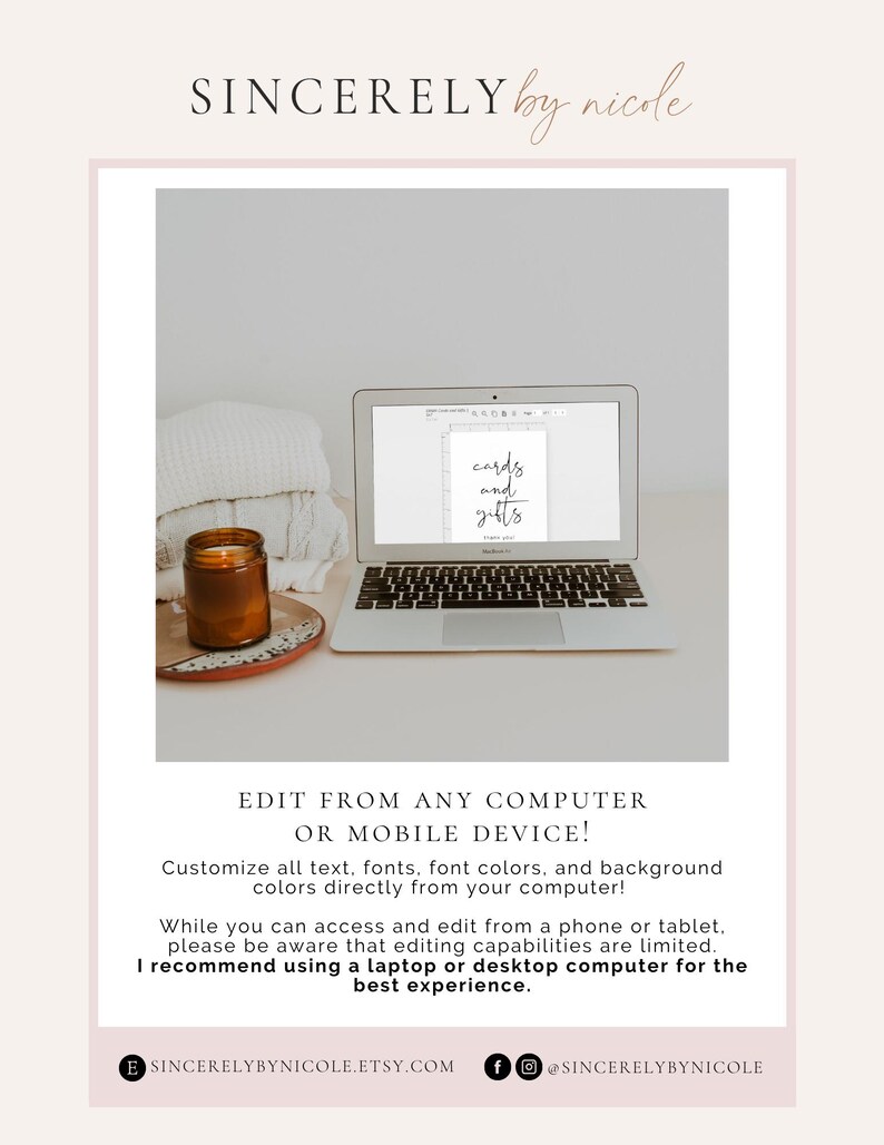 May include: A laptop displays the words "cards and gifts" on its screen. A lit candle and a stack of folded white fabric sit to the left. The image includes text that reads "Edit from any computer or mobile device!" and the Etsy shop's name.