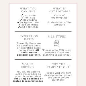 May include: A cream-colored informational graphic with the text "SINCERELY by nicole." The graphic details editable features like text color and font size, and non-editable aspects such as template size. It also lists file types and mobile editing information.