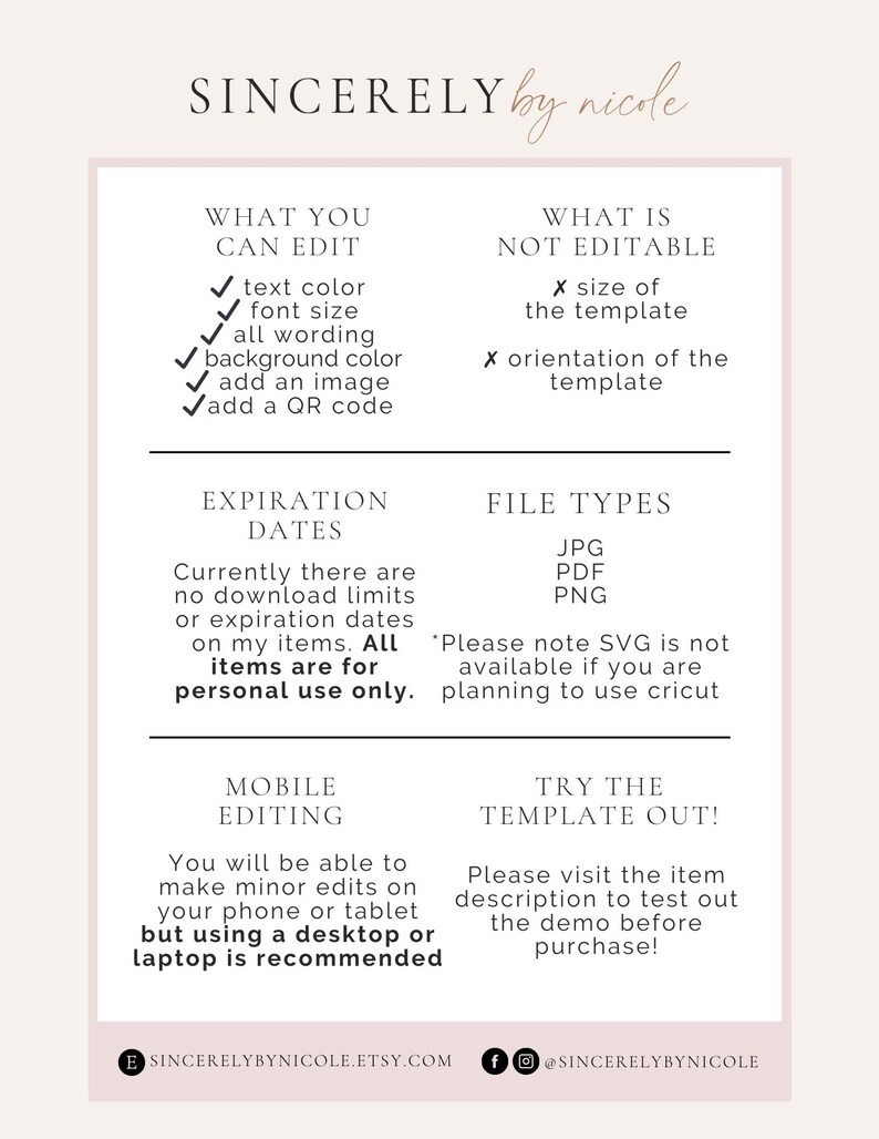 May include: A cream-colored informational graphic with the text "SINCERELY by nicole." The graphic details editable features like text color and font size, and non-editable aspects such as template size. It also lists file types and mobile editing information.