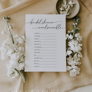 PRINTED & SHIPPED Bridal Shower Word Scramble, Modern Bridal Shower Game, Minimalist Bridal Shower Word Scramble with Key | Olivia