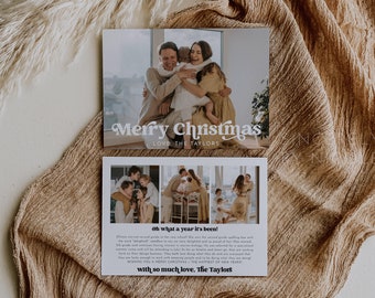 May include: A Christmas card with a photo of a family of four. The card has a white background with a blue border. The text "Merry Christmas" is written in a bold, white font. The text "Love, The Taylors" is written in a smaller, white font below the main text. The card also includes a smaller photo of the family in three different poses.