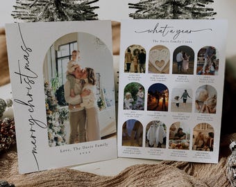 May include: A Christmas card with a photo of a family in a white archway. The text "merry christmas" is written in black cursive script. The text "Love, The Davis Family 20XX" is written in black font. The card also includes a collage of photos from the year, with the text "what a year The Davis Family 20XX" at the top.
