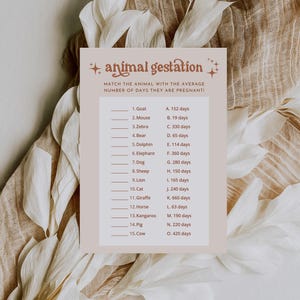 Animal Pregnancy Game, Baby Animal Gestation Game, Boho Baby Shower, Animal Gestation Game, Terracotta Baby Shower Games, Canva | Birdie