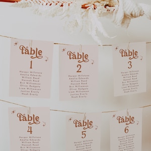 Terracotta Retro Table Card Templates, Card Seating Chart Retro Wedding, Seating Chart 70&#39;s Groovy Wedding, Boho Wedding Seating | Birdie