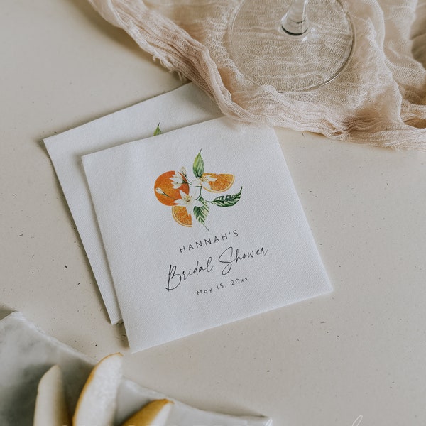 Citrus Bridal Shower Napkin TEMPLATE, Summer Bridal Shower Napkins, Citrus Theme Bridal Shower, Orange Themed Wedding Shower | Sienna