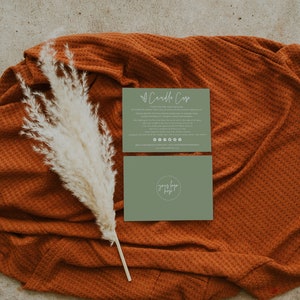 May include: Two green cards on a brown textured surface. The top card has the text "Candle Care" and instructions for candle care. The bottom card has the text "yours truly" in a circle.