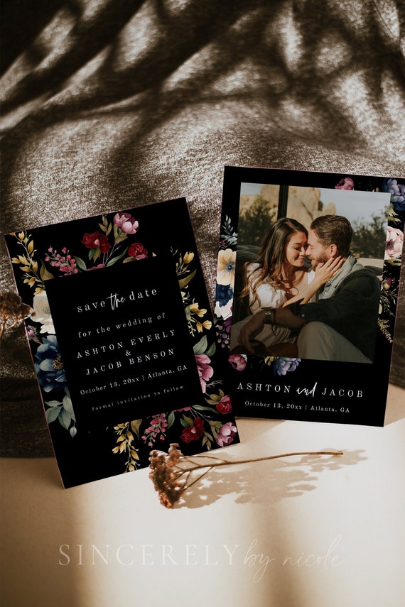 Moody Wedding Save The Date Template, Dark Moody Wedding Save The Date, Floral Save The Date Template, Photo Save The Date, Moody | Alina