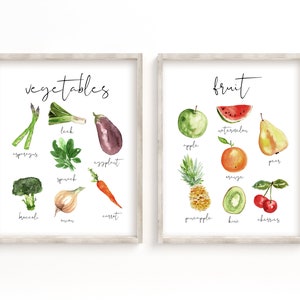 Printable Kitchen Wall Art, Watercolor Fruit And Vegetable Print, Kitchen Print Set, Printable Kitchen Watercolor Fruits And Vegetable Set