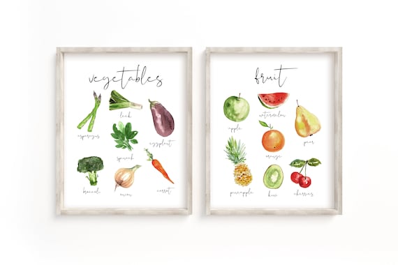 Printable Kitchen Wall Art, Watercolor Fruit And Vegetable Print, Kitchen Print Set, Printable Kitchen Watercolor Fruits And Vegetable Set