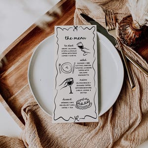 Handgezeichnete Hochzeitsmenü-Vorlage, handgeschriebene Menü-Vorlage, Doodle Hochzeits-Speisekarte, Canva Menü-Vorlage, wunderliche Illustration-Menü | Karl